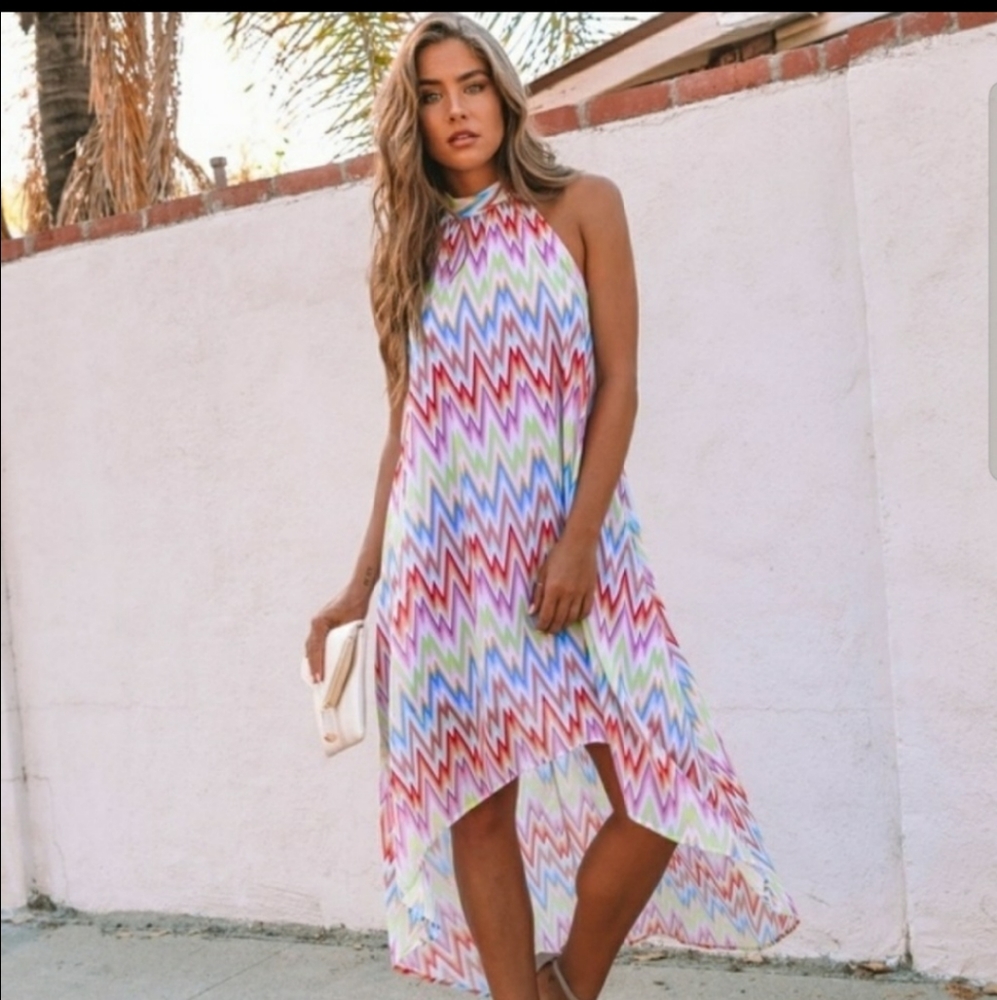 NWOT Halter Dress Rainbow Zip Zag - Picture 4 of 5